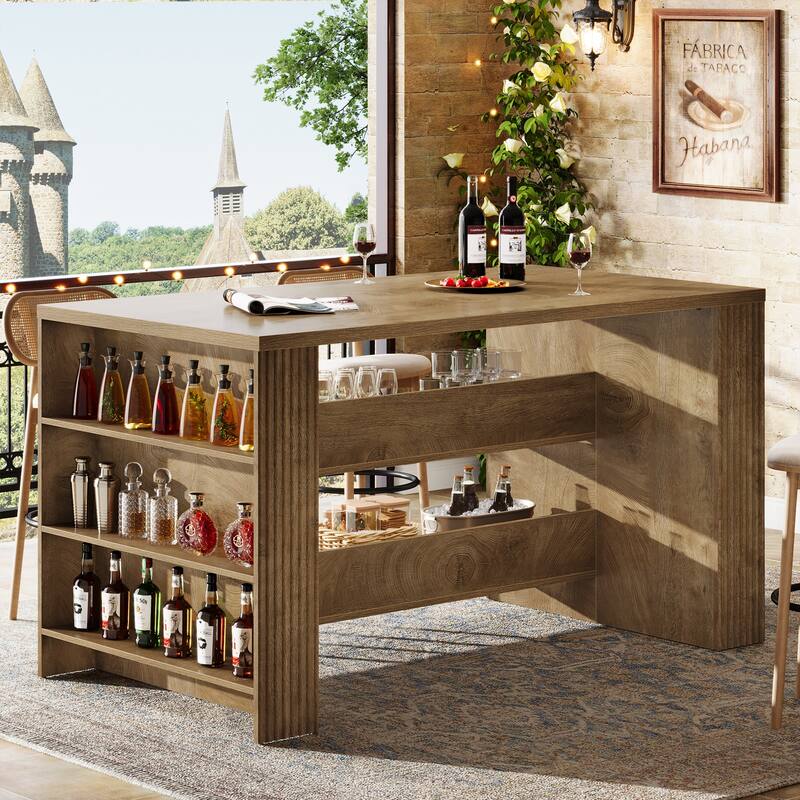 59 Inch Large Kitchen Island with Storage Shelves and Seating - 27.55" D x 59.05" W x 35.43" H