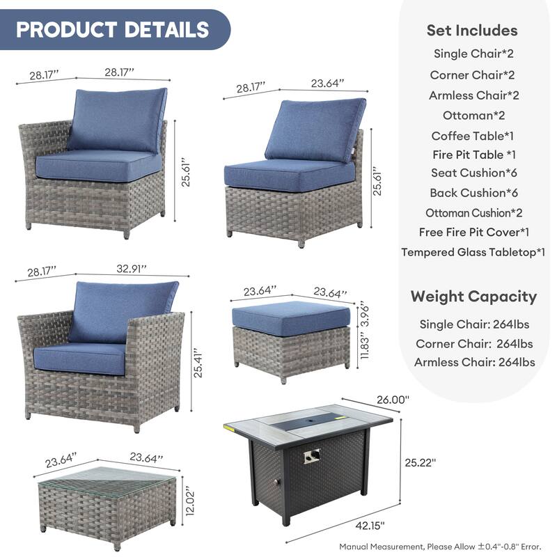 XIZZI 10-piece Patio Furniture Outdoor Sectional Sofa Set with Fire Pit
