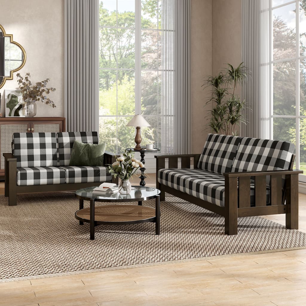 Furniture of America Milou Rustic 2-Piece Wood Plaid Patterned Fabric Sofa Set