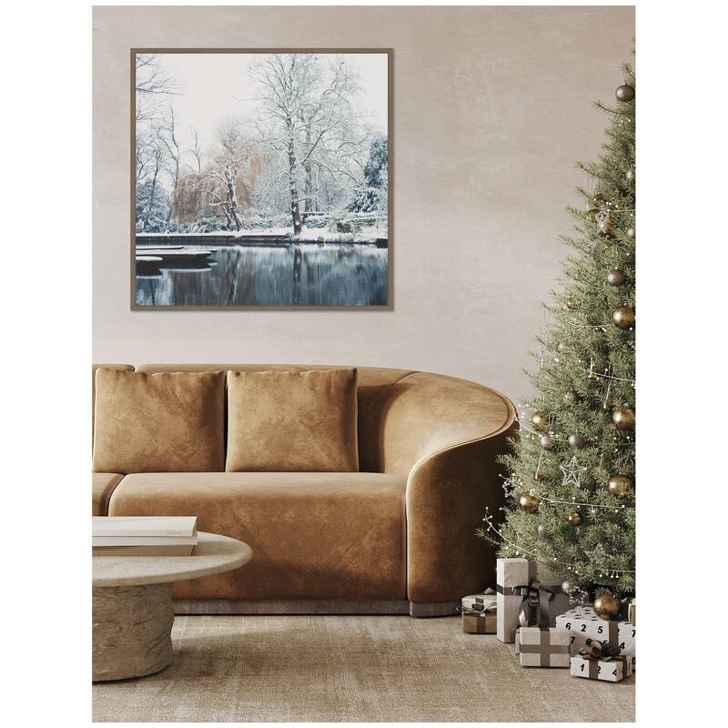 Kate and Laurel Sylvie Framed Canvas Snow Covered Punts on the River Cam by Laura Evans