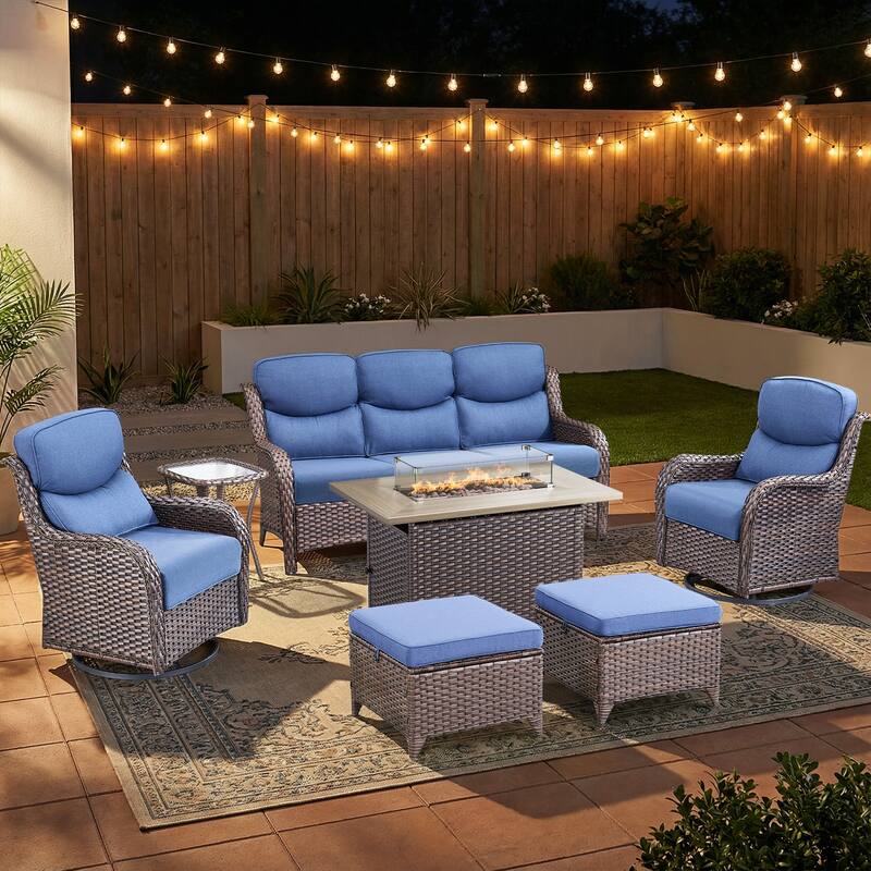 Pocassy Outdoor Fire Pit Sofa Swivel Chairs Conversation Set - Brown Wicker Blue Cushion - 7-Piece Sofa Swivel Chair Ottoman w/ Fie Table