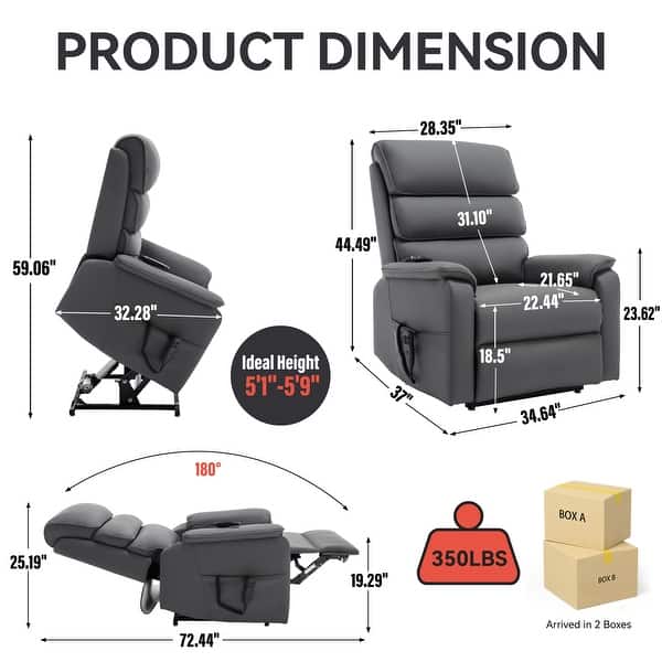dimension image slide 9 of 18, Dual Motor Power Lift Recliner Chair with Power-Remote & Heat Massage, Electric Leather Adjustable Reclining Sofa