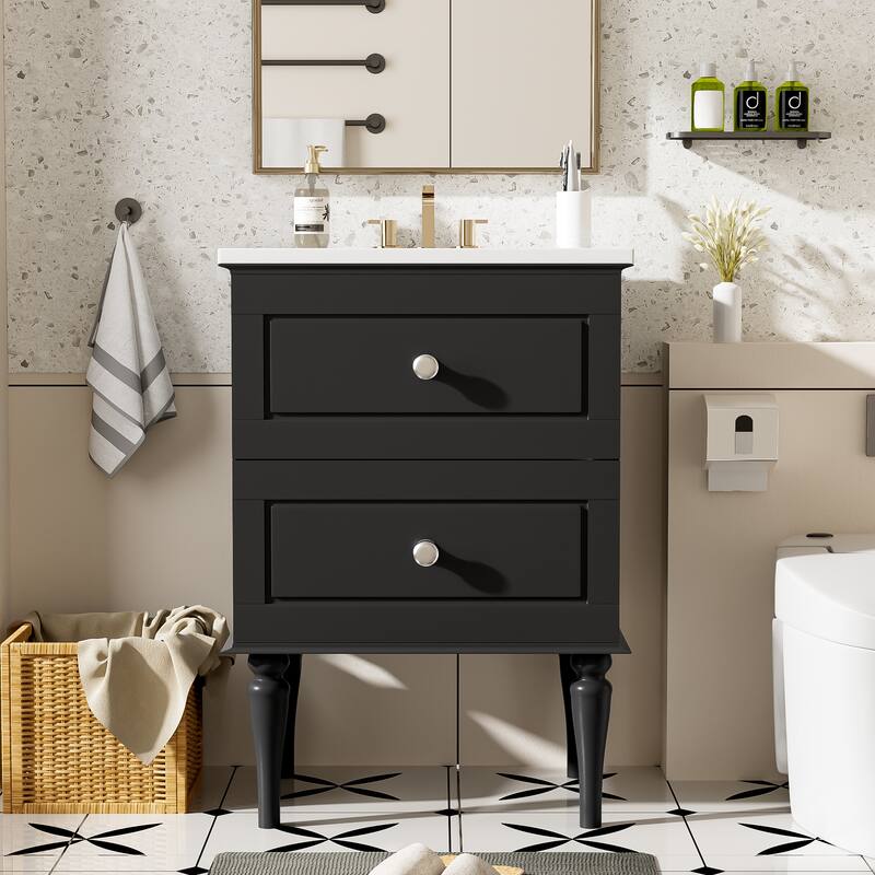 GDFStudio - Monteria Modern Wood Bathroom Vanity with Ceramic Basin and 2 Soft-Close Storages - 24.20"W - Black