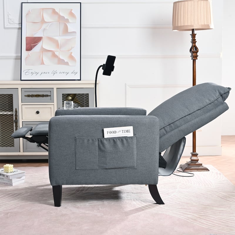 Grey Modern Fabric Manual Adjustable Recliner Chair with Mobile Phone Holder, Cup Holder, and Footrest