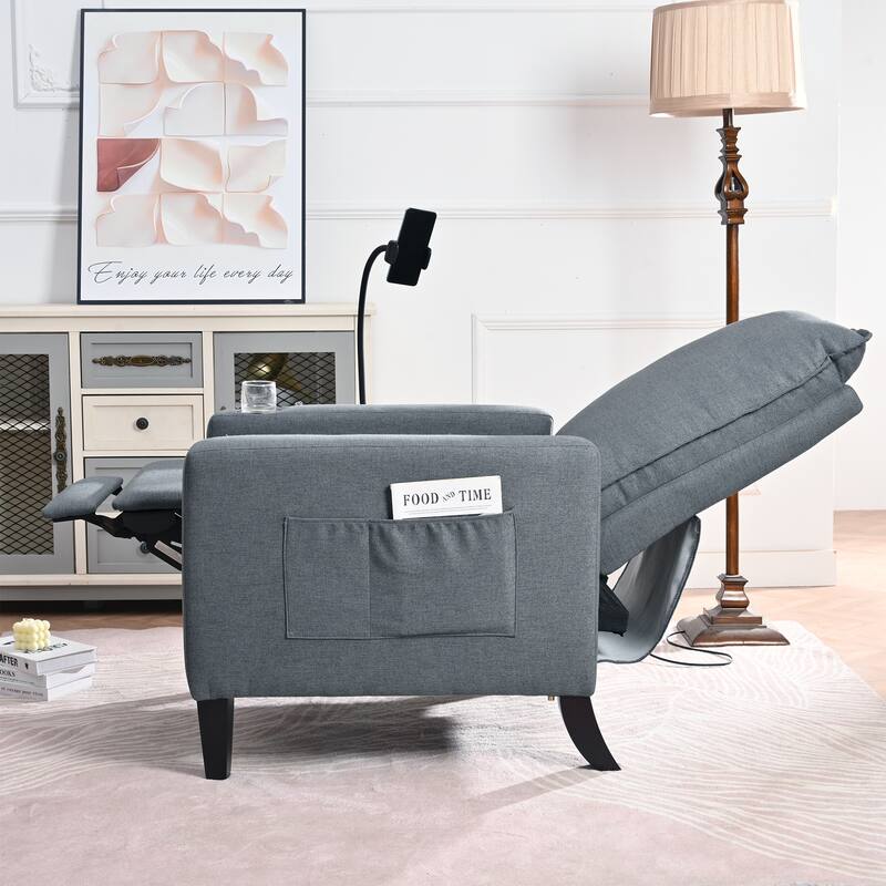 Push-Back Reclining Chair Adjustable Recliner Chair with Mobile Phone & Cup Holder, Modern Single Sofa Chair with Side Pockets
