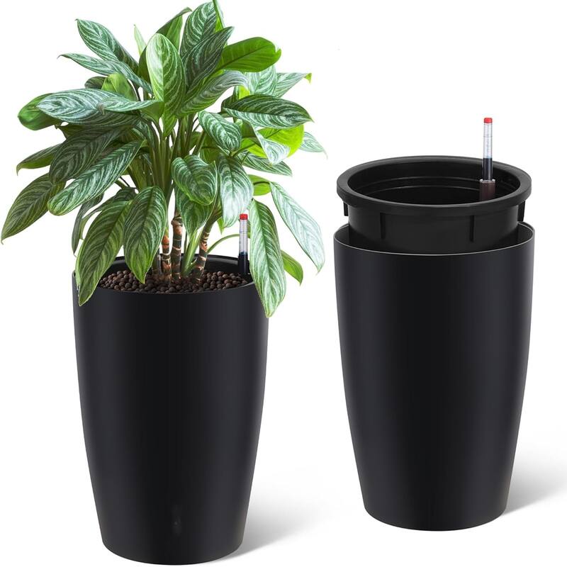 2-Pack 16Inch Tall Self-Watering Planters with Water Level Monitor and Drainage Holes Black - Black