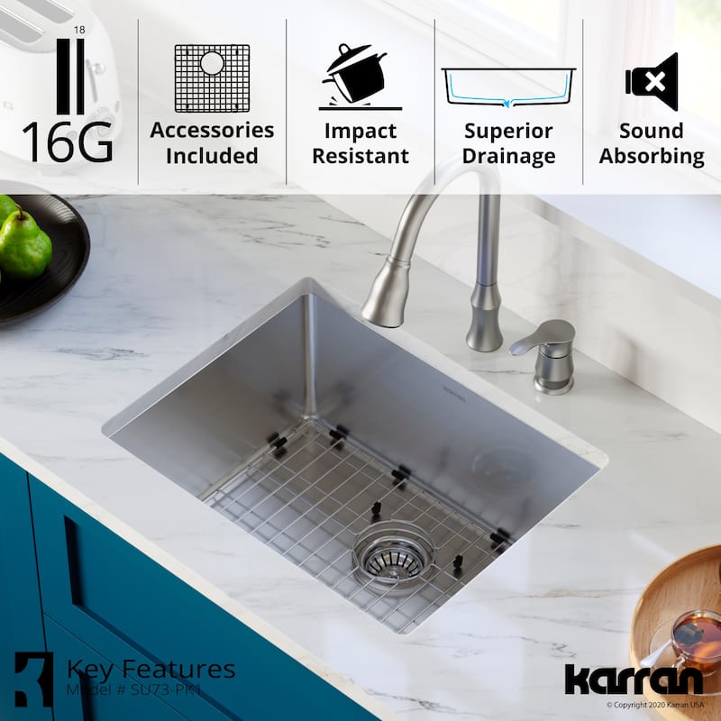 Karran 21" Undermount 16-Gauge Stainless Steel Single Bowl Kitchen Sink Kit