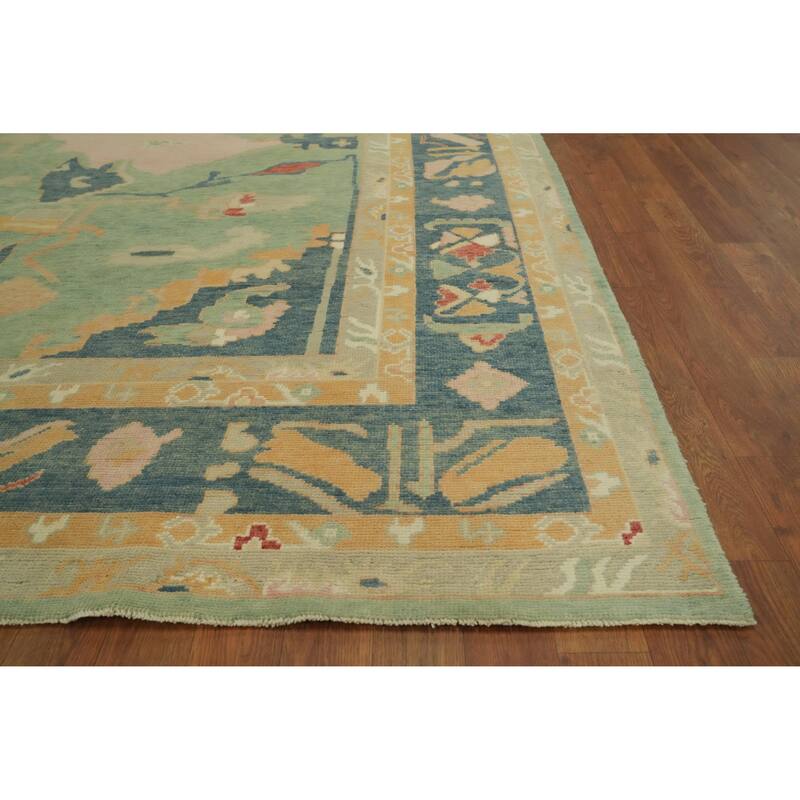 Vegetable Dye Green Oushak Turkish Area Rug, Floral Geometric Carpet - 10' 5'' X 8' 2''