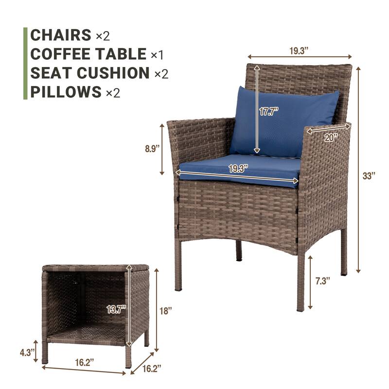 3 Piece Patio Conversation Bistro Set Outdoor Chat Furniture,Wicker Chairs and Storable Table Set,Porch Balcony Furniture Set