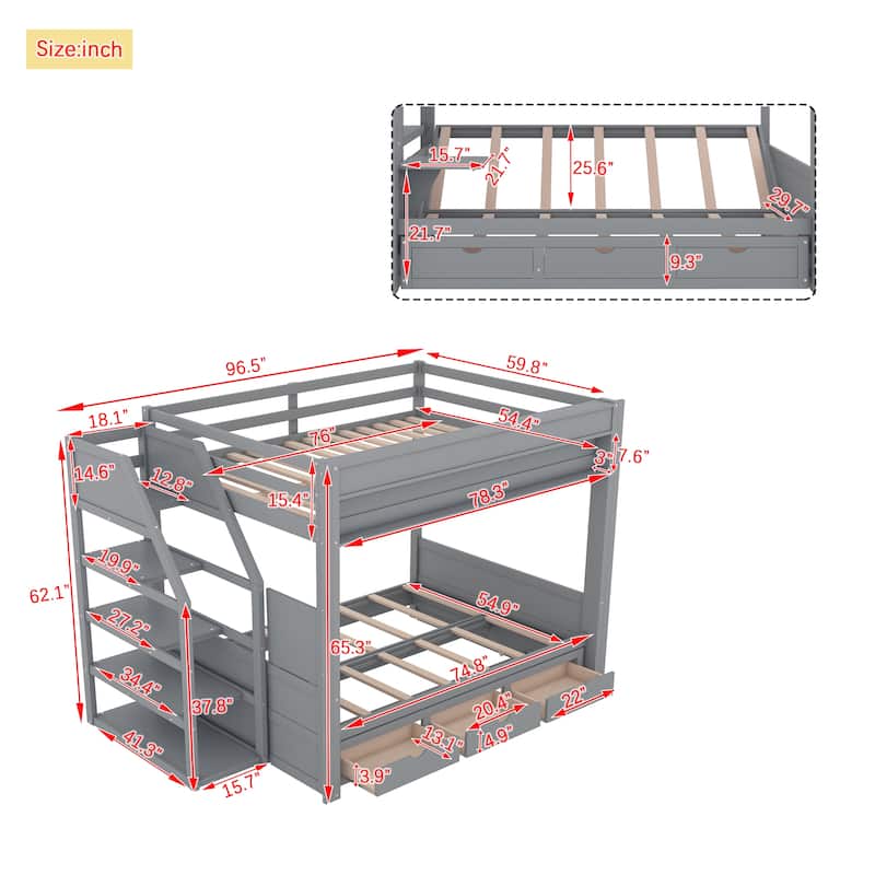 Full Size Convertible Bunk Bed with Storage Staircase, Bedside Table, and 3 Drawers, Gray