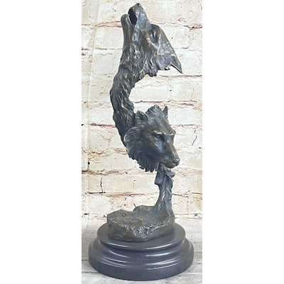 Signed Original Kanaev Two Wolves Imitative Wolf Head Wildlife Bust Bronze Sculpture Gift