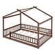 preview thumbnail 8 of 7, Walnut Full Size Wood House Bed Frame with Roof and Fence, for Kids, Teens, Girls, Boys