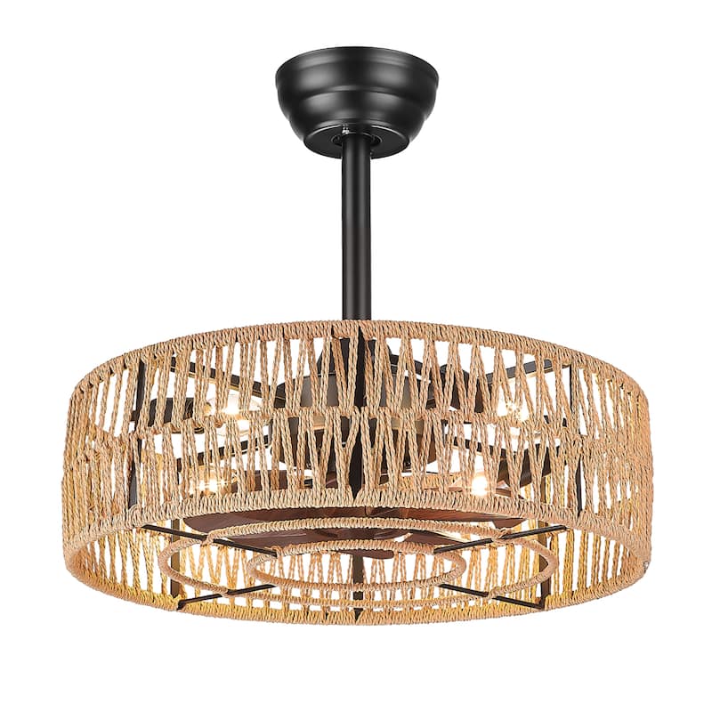 20" Rattan 100-240V Low Profile Cage Ceiling Fan with Light - 19.1 Inches - Black