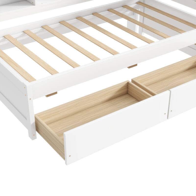 Twin Size L-shaped Bookcases Bed with Power Outlets, USB Charging Ports, Two Drawers