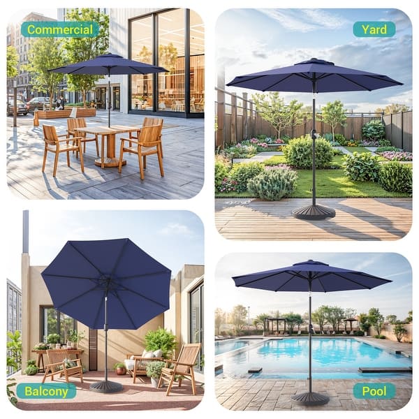 6 chair umbrella patio set PHI VILLA Black 6-Piece Metal Patio Outdoor Dining Set with Blue Folding Reclining Sling Chairs and Navy Blue Umbrella