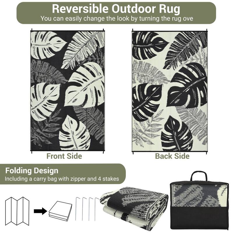 Outdoor Rug Waterproof Reversible Rug Modern Leaves Plastic Straw Area Rug