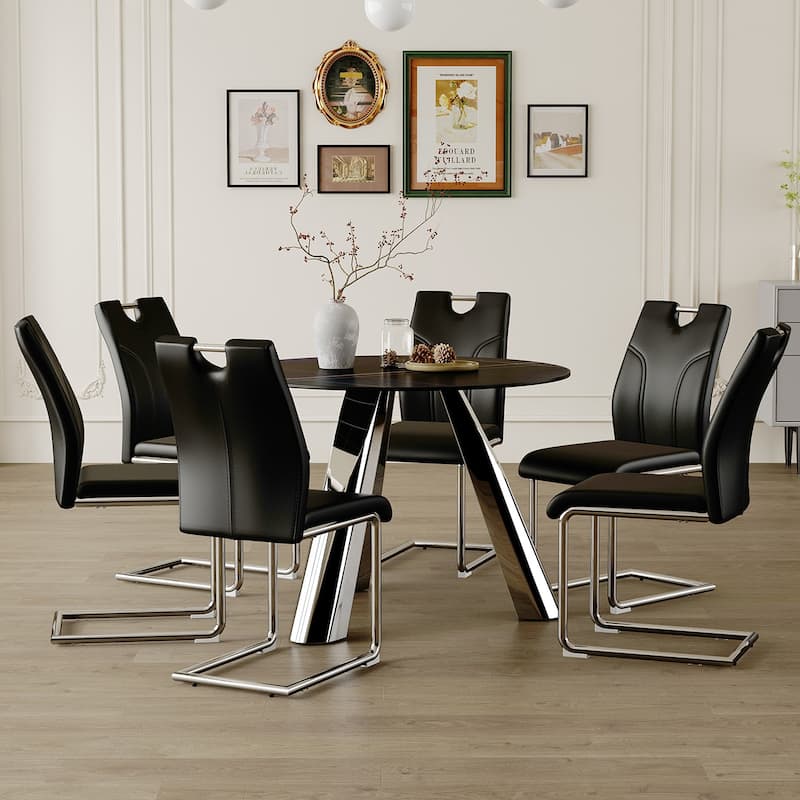 Roomfitters Round Dining Table with 6 Black Chairs, Silver Legs, Sintered Stone Top, Black