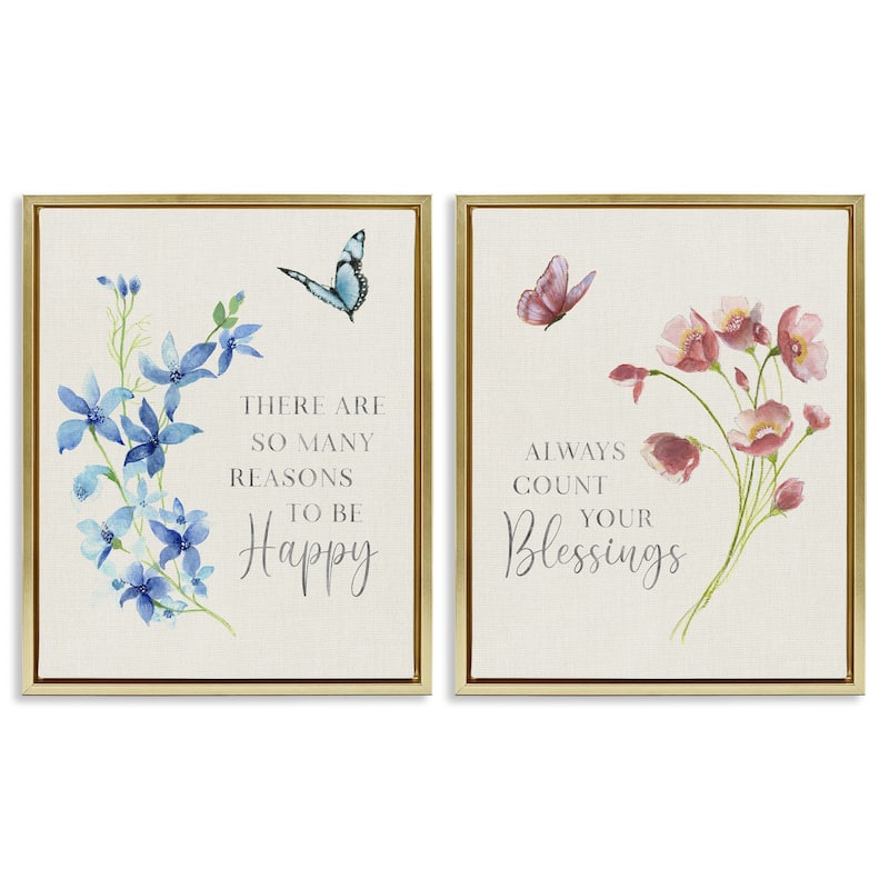 Stupell Inspiring Words with Florals Framed Floater Canvas Wall Art Design By Tava Studios (Set of 2) - 17 x 21 - Gold