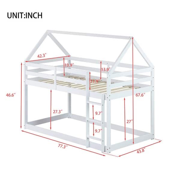 Low Height Design Twin over Twin Floor Bunk Bed Kids Bed with Ladder,Guardrails