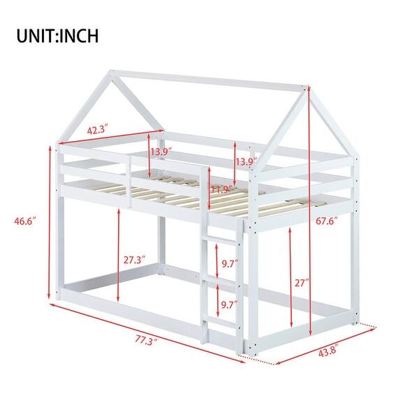 Twin over Twin Size Rubber Wood Floor Bunk Bed with ladder and Guardrails
