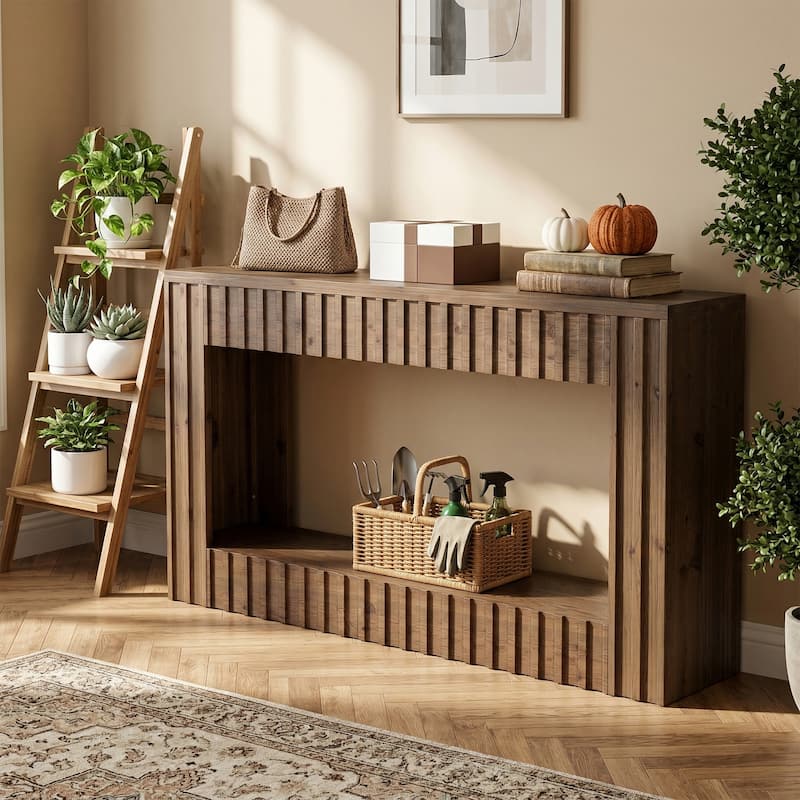 Solid Wood Sofa Table, 63" Long Console Table with Open Storage, Entryway Table for Living Room, Hallway, Foyer