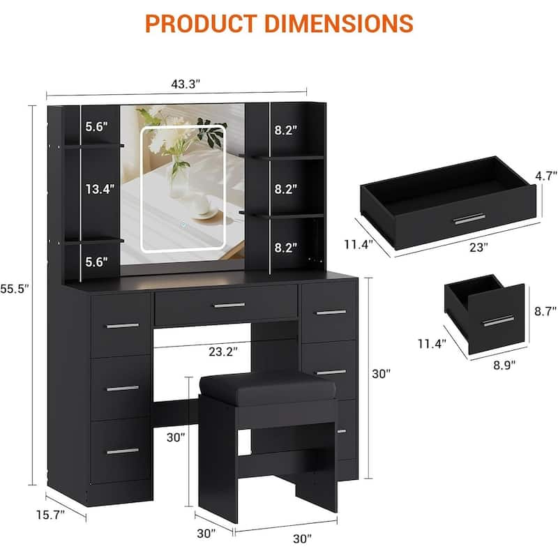 7 Drawers Vanity Desk, Makeup Vanity Table with Touch LED Light Mirror
