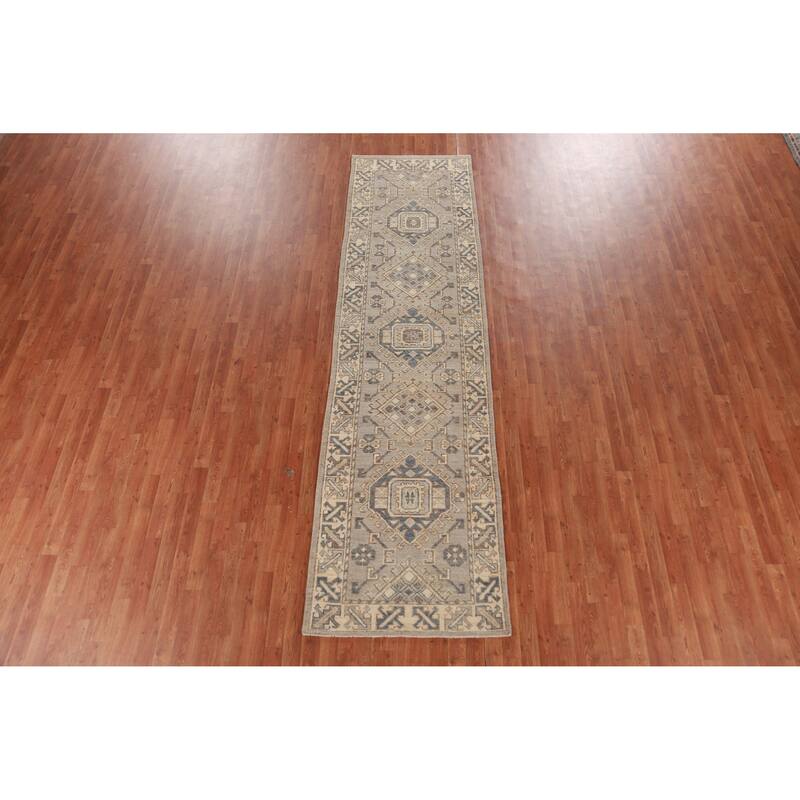 Hand Knotted Oriental 100% Wool Carpet Transitional Geometric Beige & Ivories Oushak Runner Rug - 11' 7'' X 3' 1''