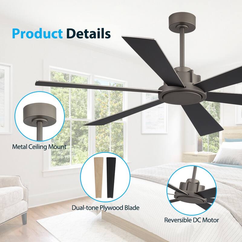 MLiAN Ceiling Fan 60inch Playwood Blades Remote Control 6-Speed DC - 60''