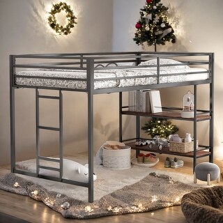 Twin Size Loft Bed with Functional Shelf and Guardrails