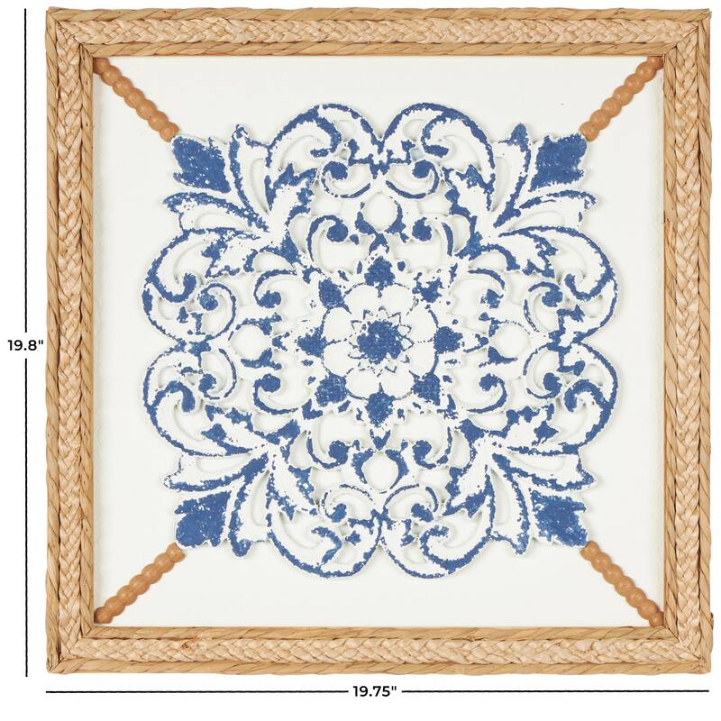 Blue Wood Relief Floral Home Wall Decor with Brown Woven Seagrass Frame and White Backing