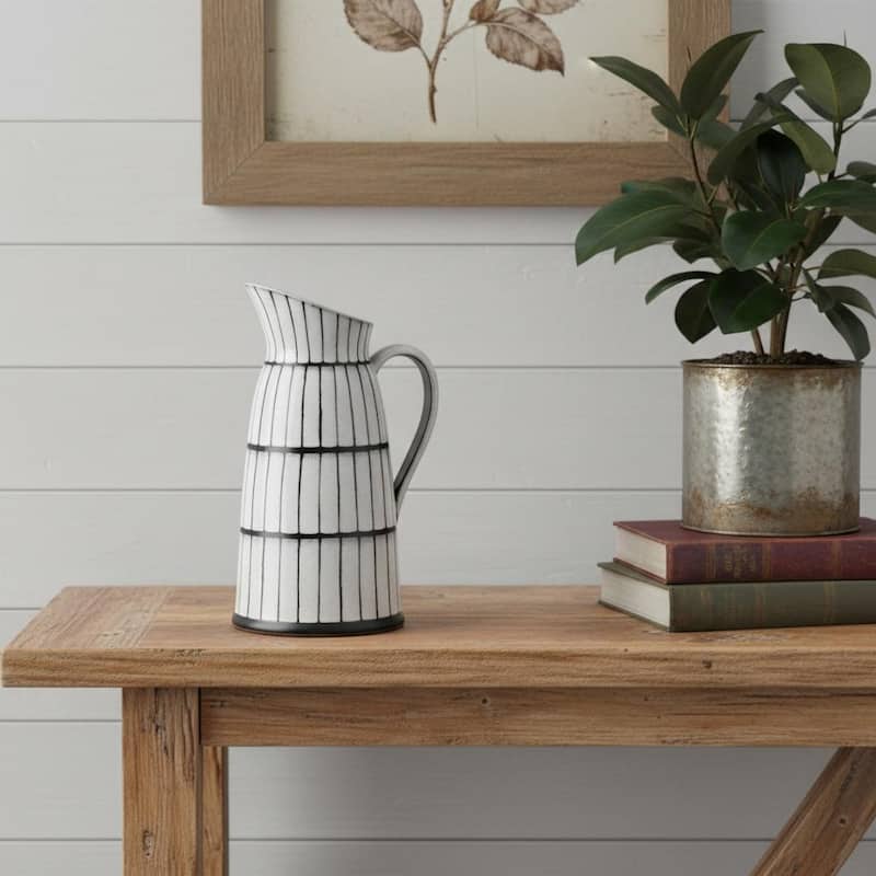 HomeRoots 10" Black And White Cylinder Ceramic Urns Jars - 6.9"W x 9.1"D x 13.4"H