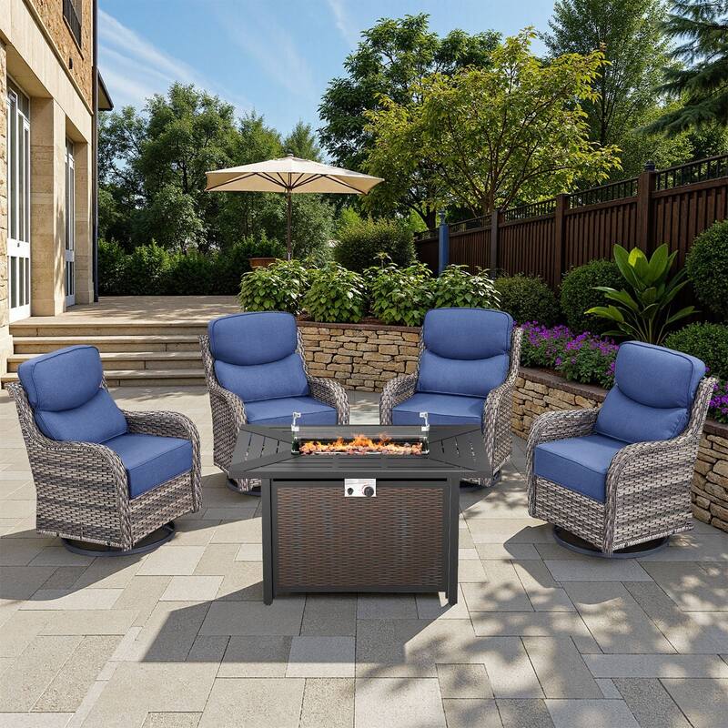 Arcadia 5-Piece Wicker Patio Set with 4 Swivel Glider Chairs and All-Iron Fire Pit - Navy Blue Cushions - Gray Wicker