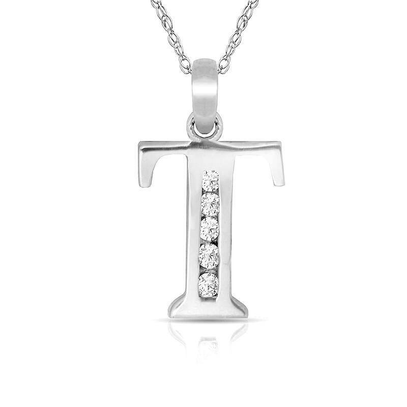 Curata 14k White Gold, 18" Small Channel-set (A-Z) Cubic Zirconia Initial Pendant Necklace - T