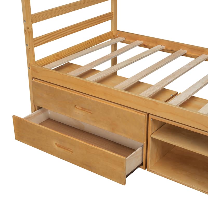 Wood Platform Bed with Removable Storage Shelves and Two Drawers