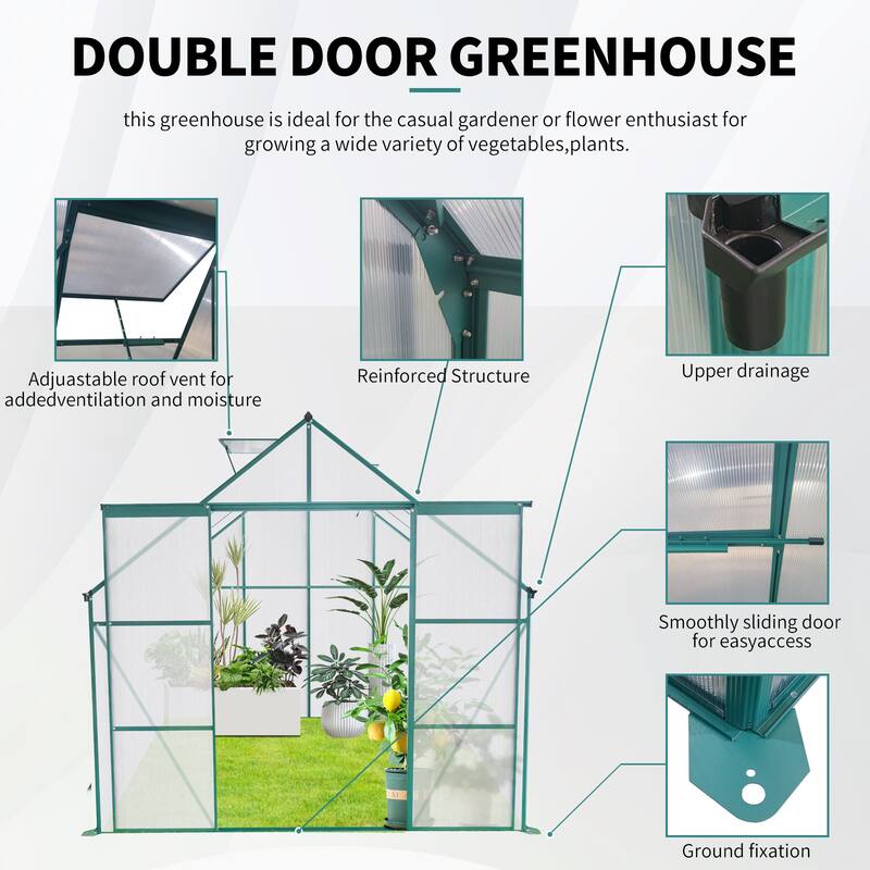 8X6FT-Green Double Door Polycarbonate Greenhouse Raised Base and Anchor Aluminum Heavy Duty Walk-in Greenhouses