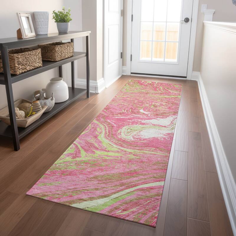 Machine Washable Indoor/ Outdoor Abstract Brushstroke Chantille Rug - Pink - 2'3" x 7'6"