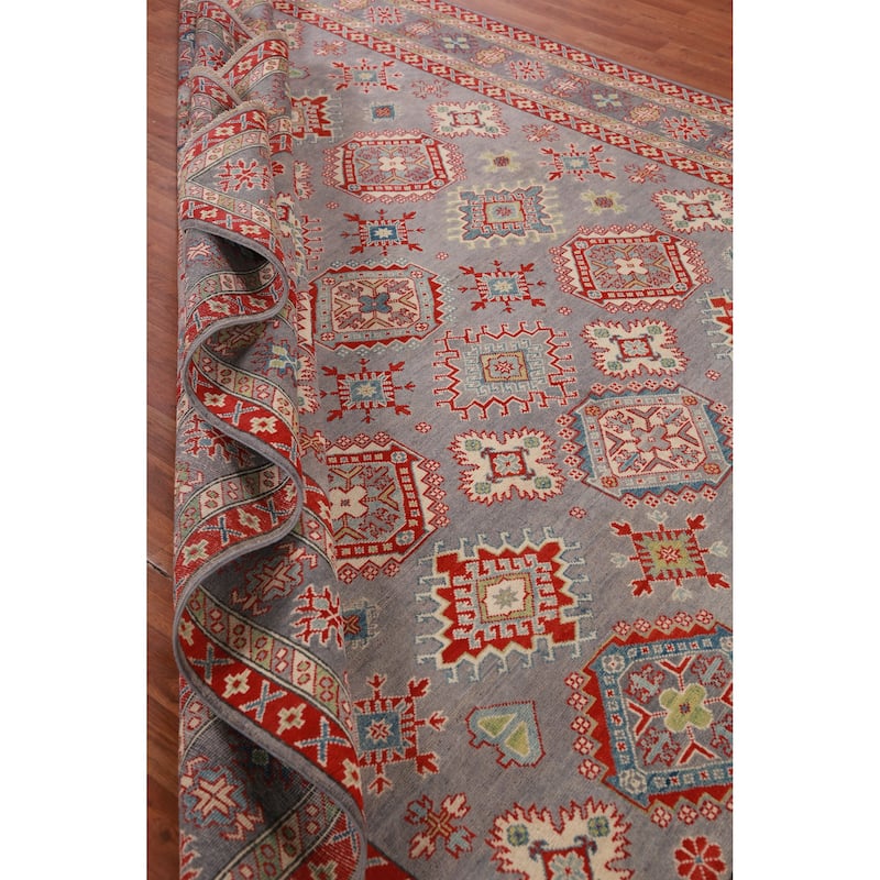 Hand Knotted Oriental 100% Wool Carpet Traditional Geometric Greys & Charcoal Kazak Area Rug - 9' 9'' X 8' 2''