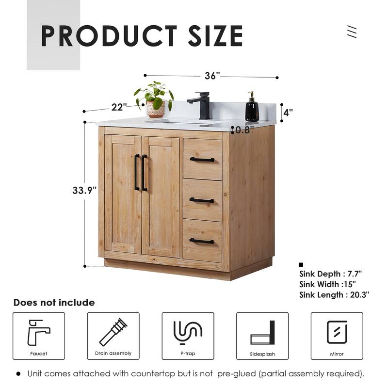 Cicero Single Bathroom Vanity in Light Brown with Grain White Engineered Stone Countertop without Mirror