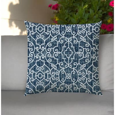 20" Indigo and Ivory Trellis Indoor Outdoor Throw Pillow Cover - 20" X 20"