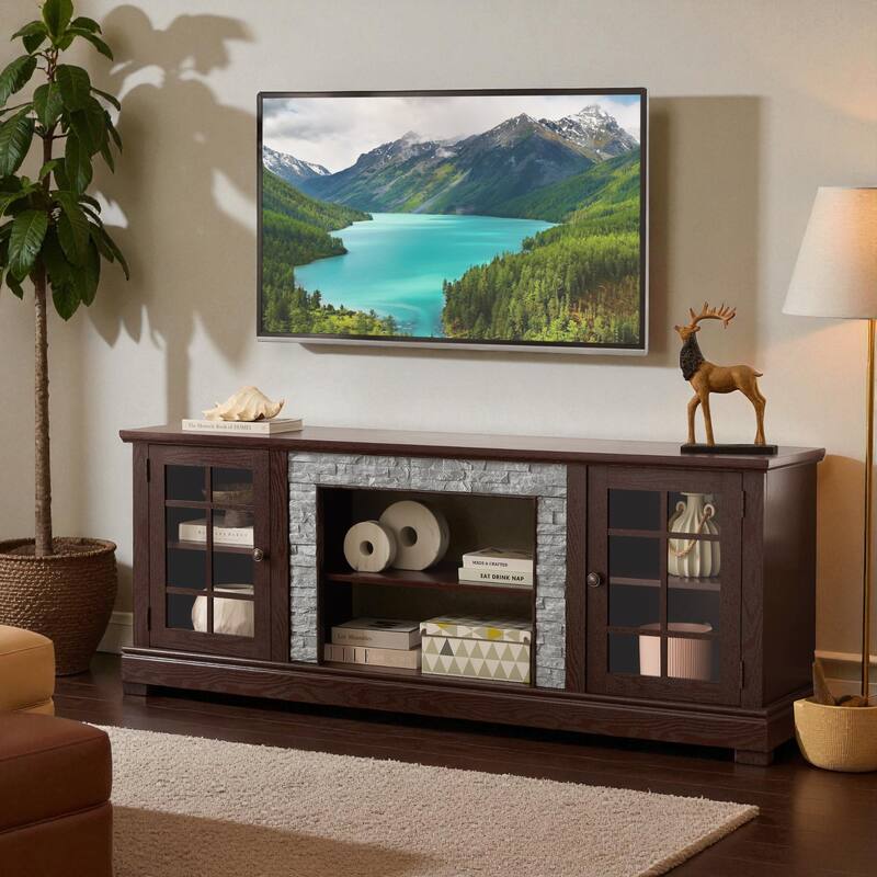70'' Modern TV Stand for 75'' TV, Faux Stone Media Console with Cabinets, Cable Management & Adjustable Shelves