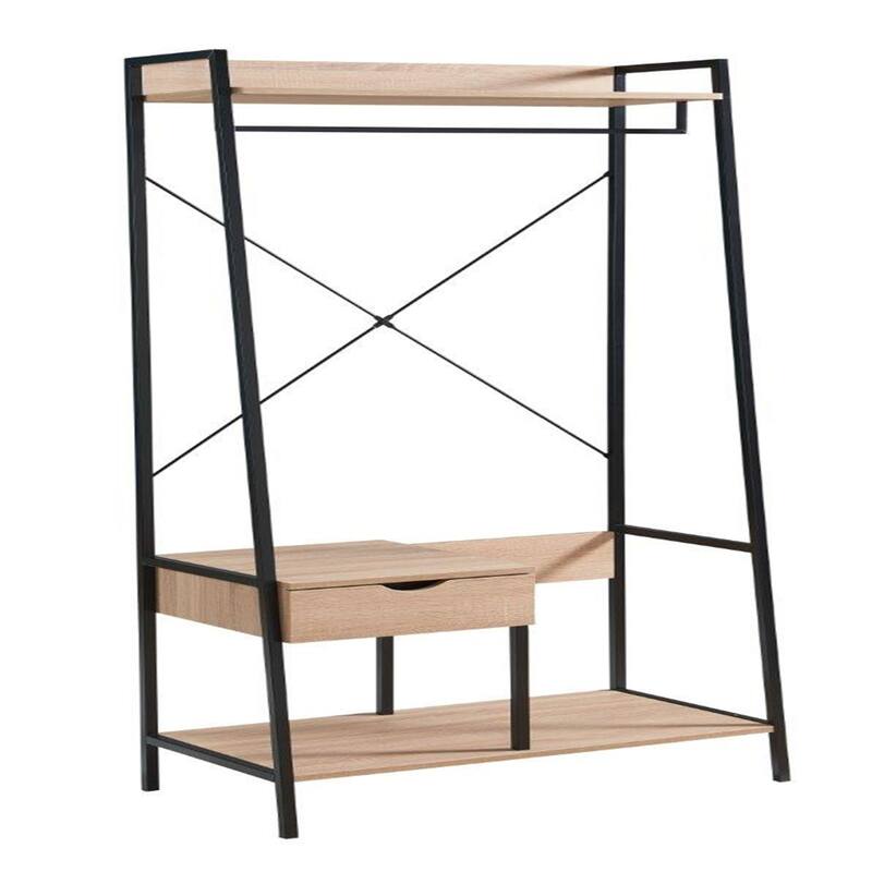 Metal Clothes Rack Open Wardrobe Free Standing with One Drawer Hanging Clothes Rod - Light Brown