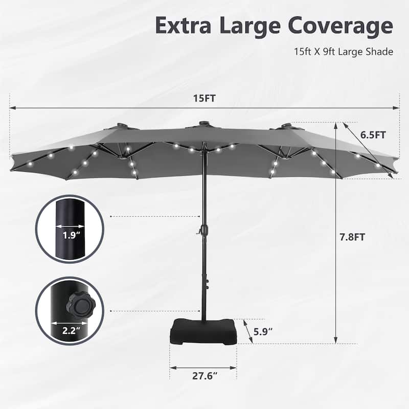 15ft Patio Umbrella Double-Sided Outdoor Extra Large Crank Lift Umbrella with Solar Led Lights and Base Included