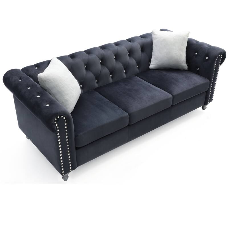Tufted Faux Jewel Velvet 3-Seater Sofa with Throw Pillows - 83" - Black