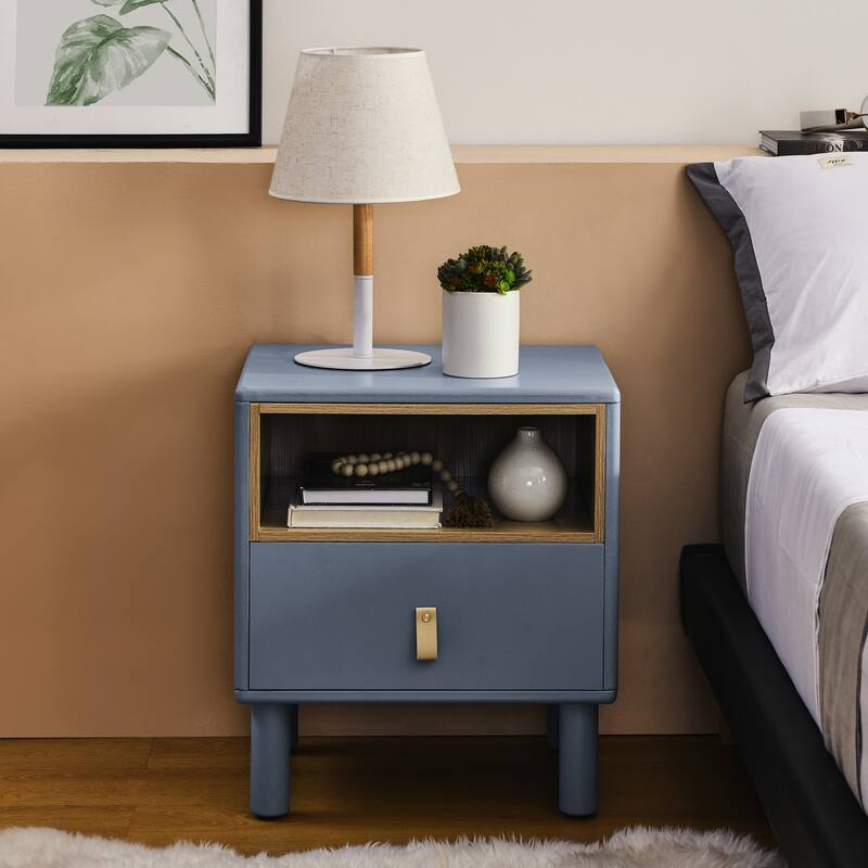 Night Stand, Bedside Table With Drawer, Minimalist And Practical End Side Table With Open Storage Shelf, Solid Wood Leg - Blue