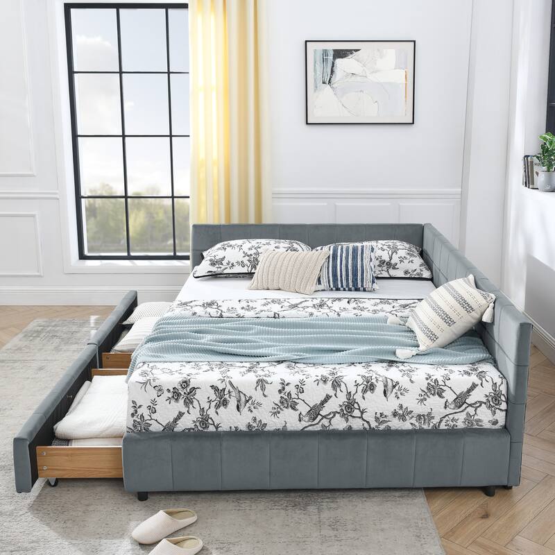 L-shaped Velvet Upholstered Daybed Tufted Sofa Bed with Soft Backrest Armrests - and Optional Corner Storage Day Bed