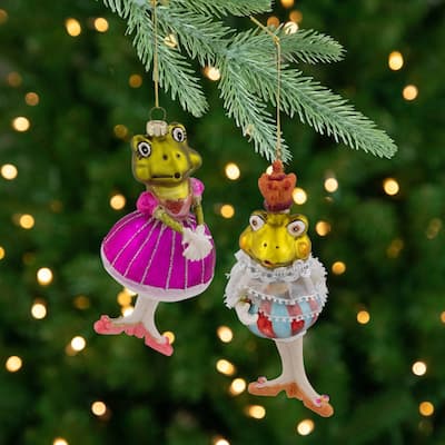 Royal Ballerina Frogs Glass Christmas Ornaments - 6" - Multicolor - Set of 2