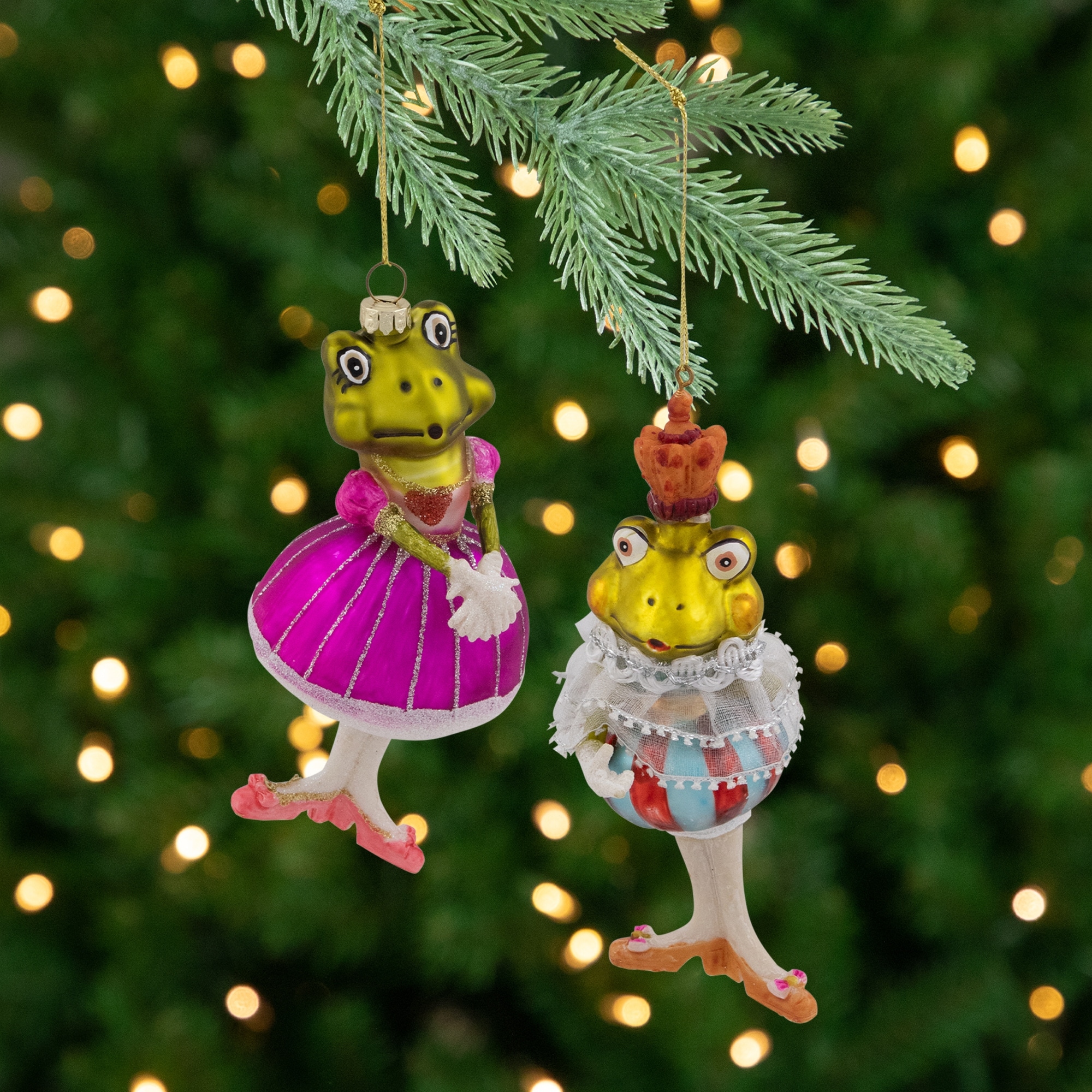 Royal Ballerina Frogs Glass Christmas Ornaments 6" Multicolor Set of 2