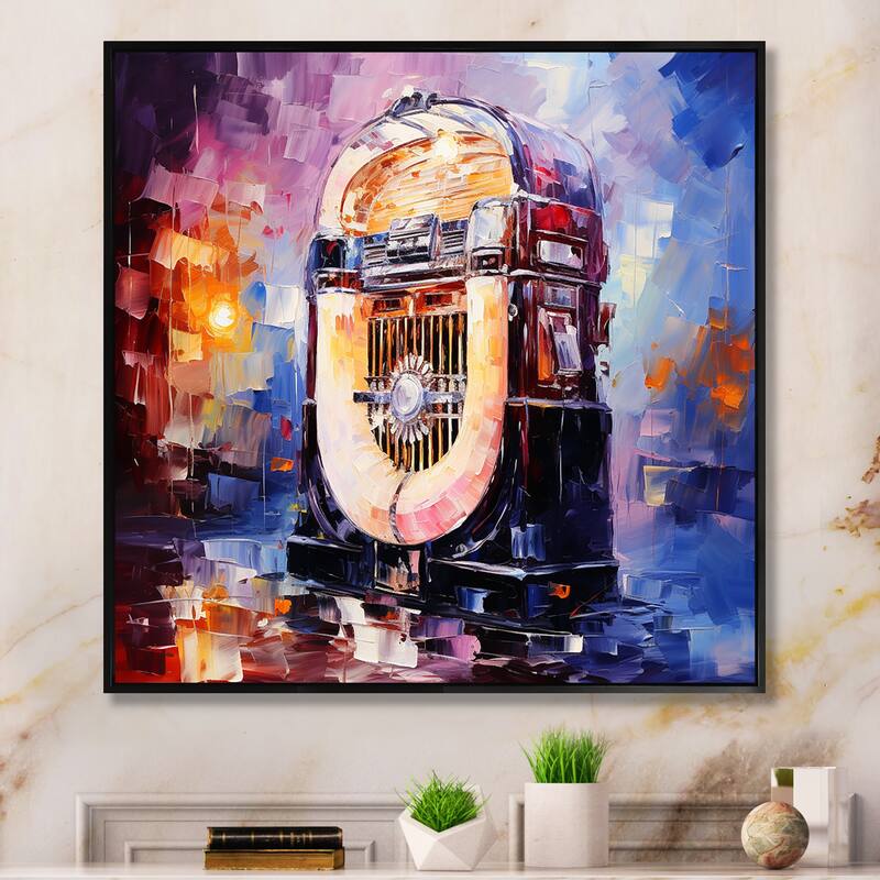 Designart "Cubist Jukebox Harmonies III" Jukeboxes Yellow Wall Decor - Modern Hallway Framed Wall Art Decor - 16 in. wide x 16 in. high - Black