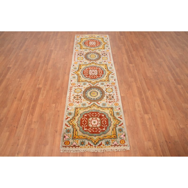 Hand Knotted Oriental 100% Wool Carpet Traditional Geometric Beige & Ivories Kazak Runner Rug - 7' 11'' X 2' 6''