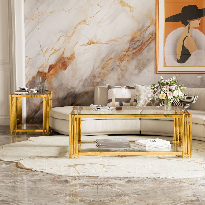 19.9" Modern Transparent Glass End Table for Living Room, Square,Asymmetrical Metal, Gold Finish & Lower Shelf